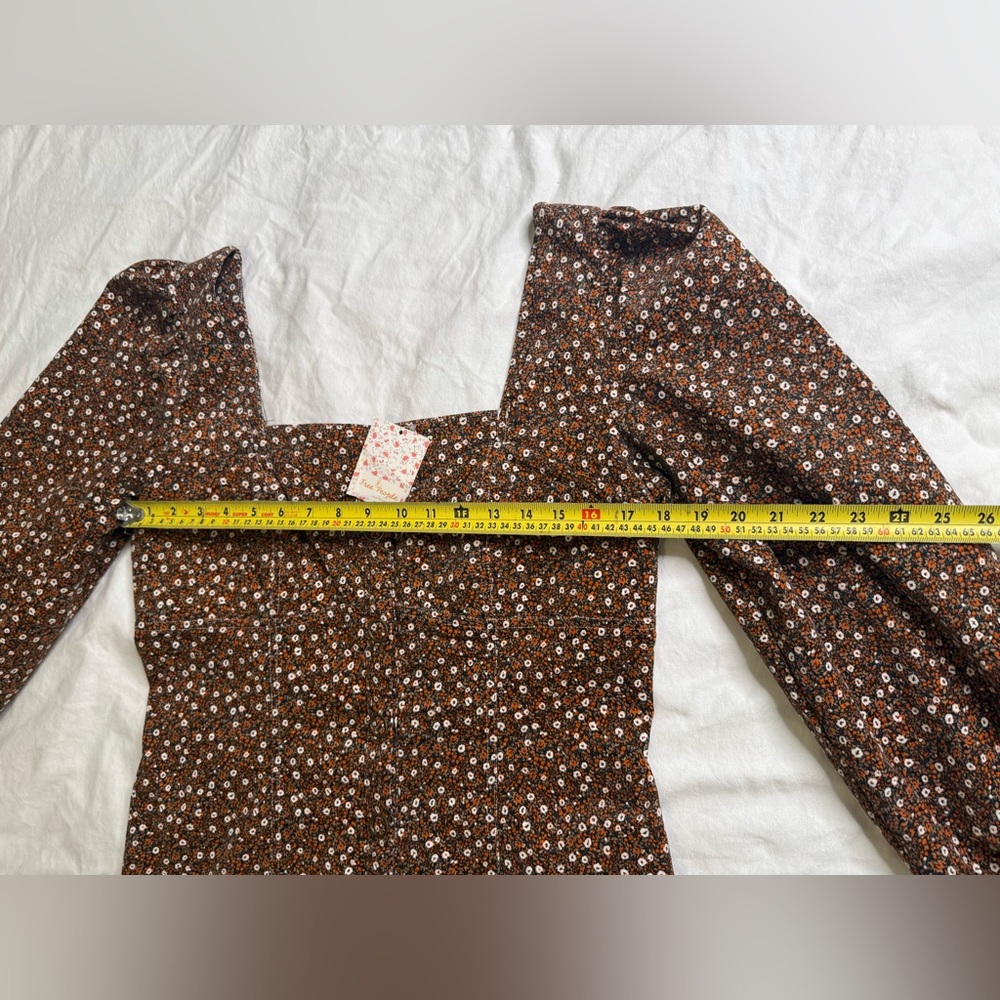Free People Clementine Corduroy Mini Dress Brown Floral Puff Sleeve Size 10 NWT - Picture 10 of 13